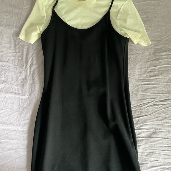 STAUD Dresses & Skirts - STAUD Black Slip Dress Over Cream Tee Layer